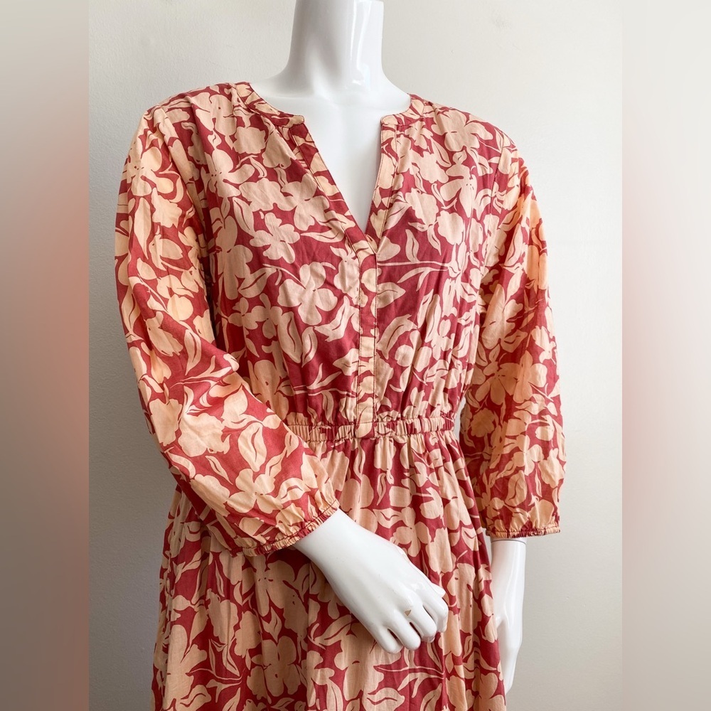 Cotton Floral Tiered Maxi Dress Boho Modest Travel Earthy Beige Feminine Size S - Picture 8 of 9